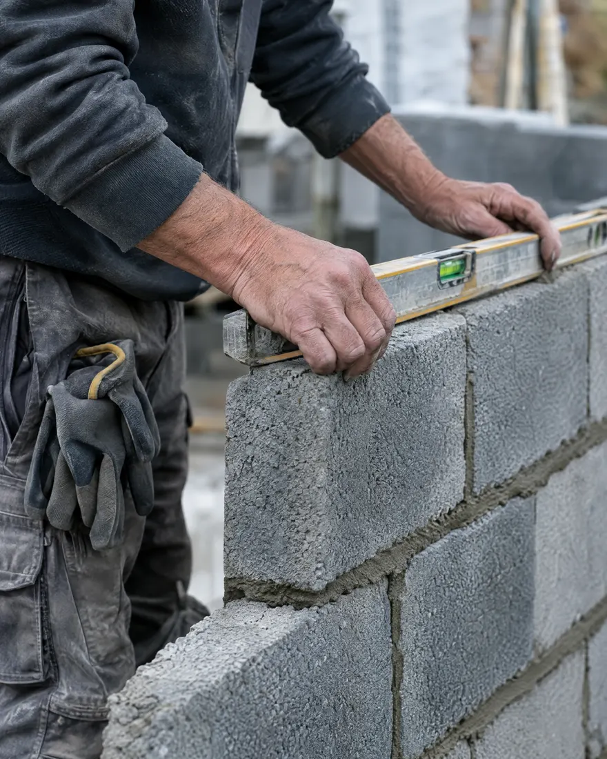 A builder checking new blockwork with a spirit level