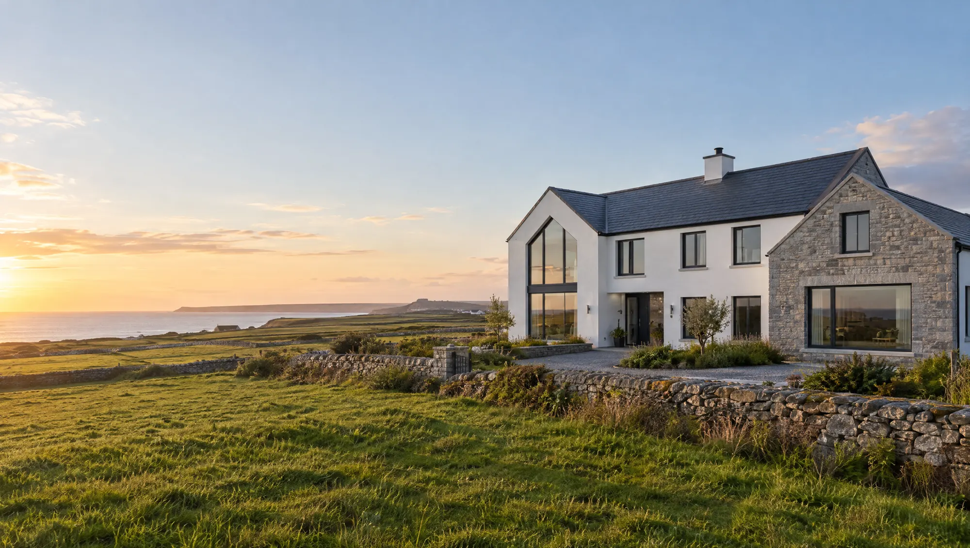 A newly built contemporary home in County Clare at evening